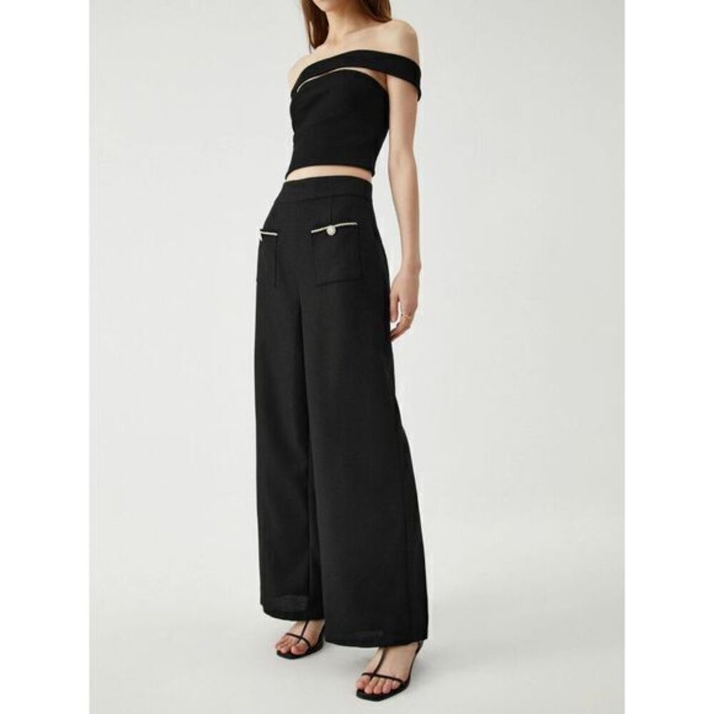 Commense Tweed Contrast Trim Pocket Silver Buttons Wide Leg Black Dress Pants S